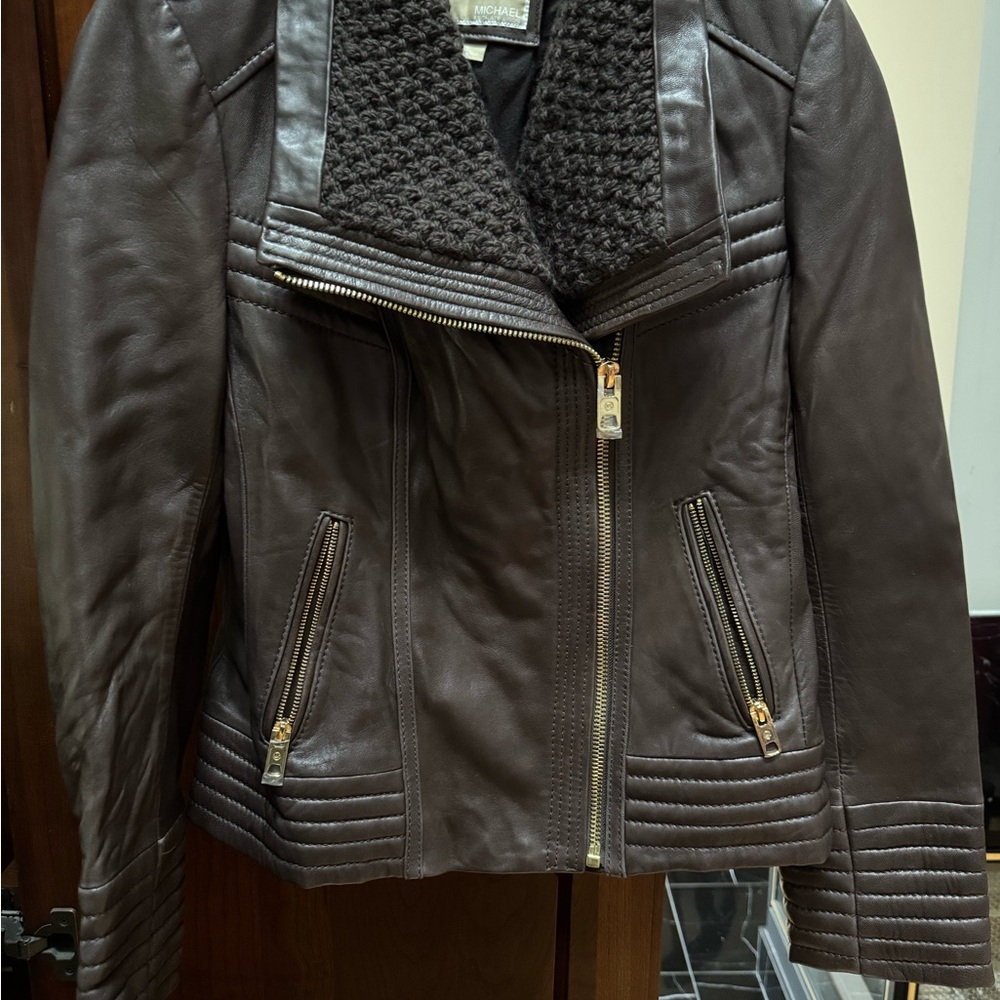 Michael Kors Chocolate Leather Jacket with Quilted Collar